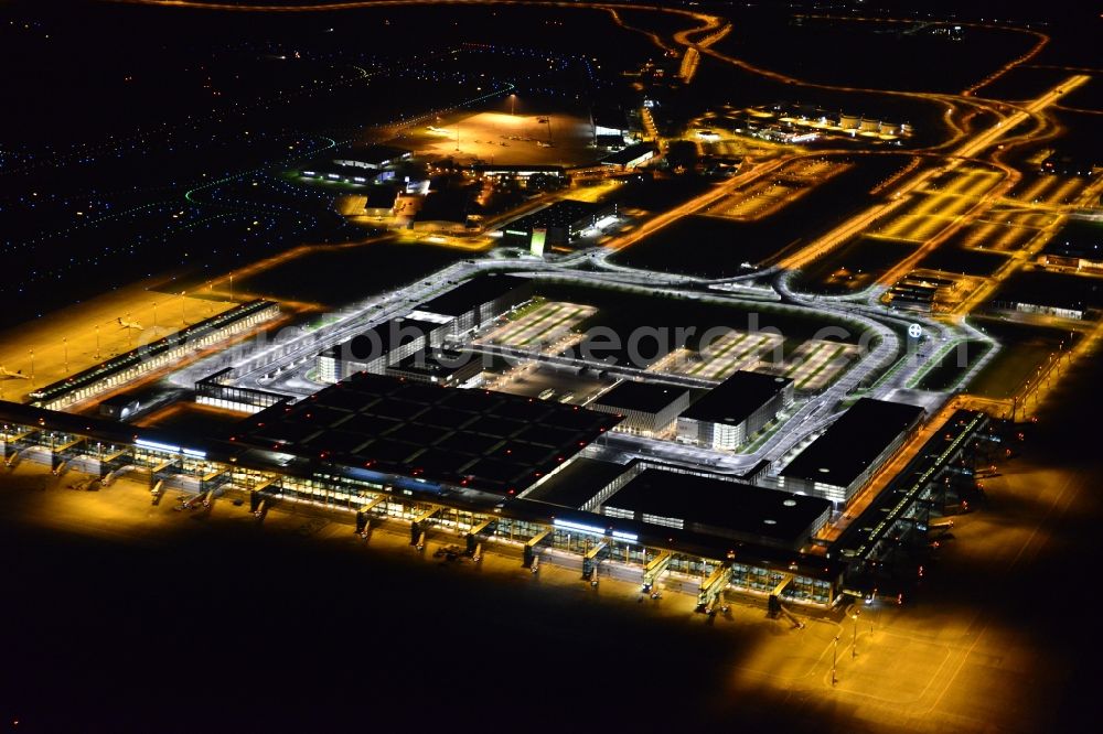 Aerial image at night Schönefeld - Site of the new airport BER / BBI AIRPORT BERLIN BRANDENBURG Willi Brandt in Schoenefeld in Brandenburg. The new terminal is in the south of the airport Berlin -Schoenefeld quality built