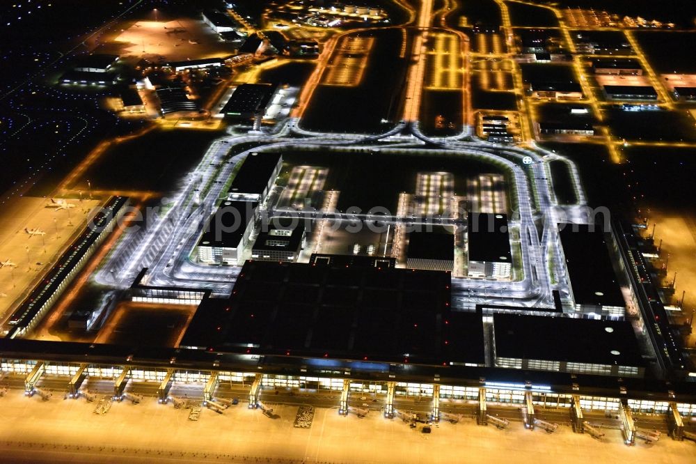 Aerial image at night Schönefeld - Site of the new airport BER / BBI AIRPORT BERLIN BRANDENBURG Willi Brandt in Schoenefeld in Brandenburg. The new terminal is in the south of the airport Berlin -Schoenefeld quality built