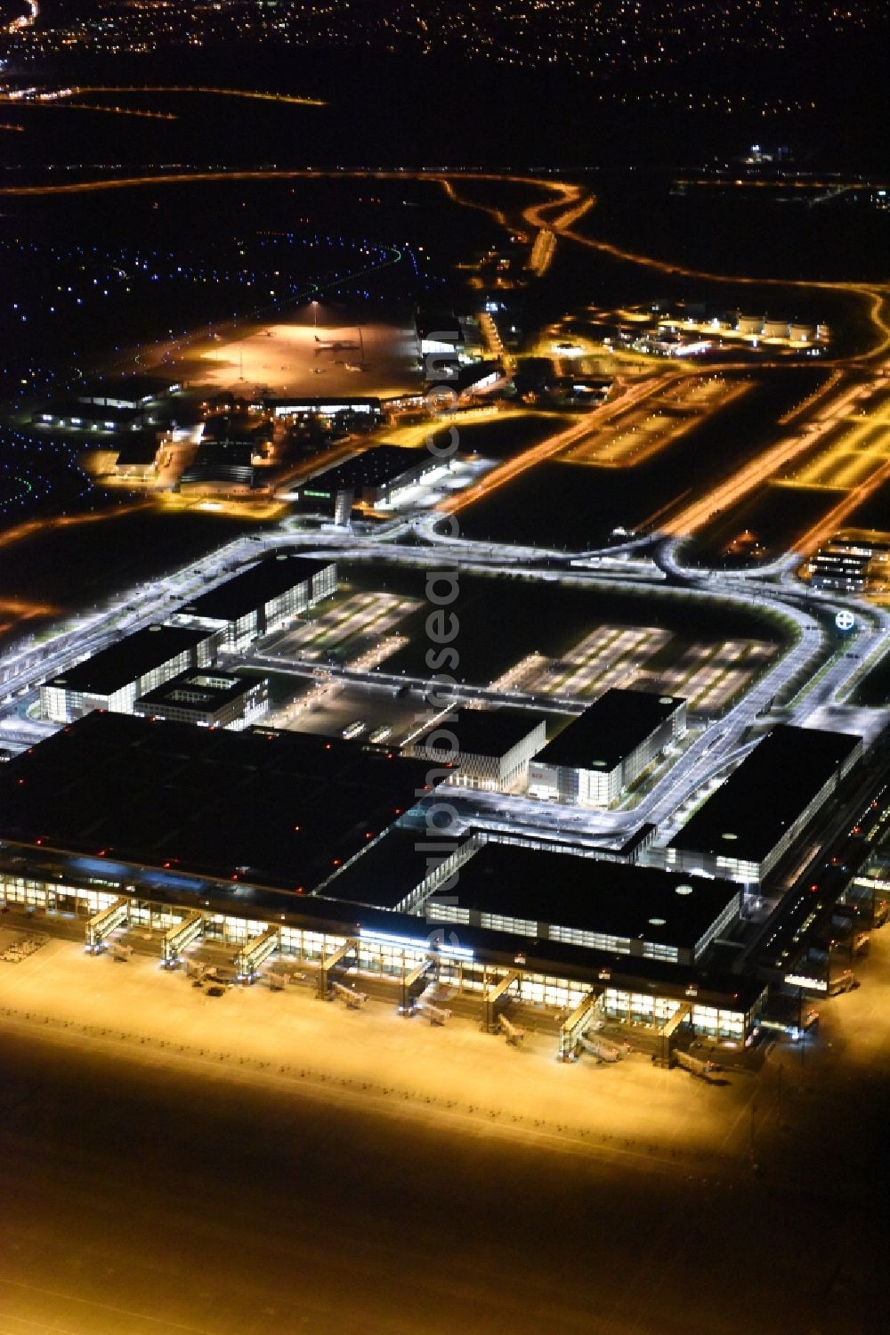 Schönefeld at night from above - Site of the new airport BER / BBI AIRPORT BERLIN BRANDENBURG Willi Brandt in Schoenefeld in Brandenburg. The new terminal is in the south of the airport Berlin -Schoenefeld quality built