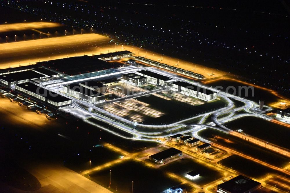 Aerial image at night Schönefeld - Site of the new airport BER / BBI AIRPORT BERLIN BRANDENBURG Willi Brandt in Schoenefeld in Brandenburg. The new terminal is in the south of the airport Berlin -Schoenefeld quality built