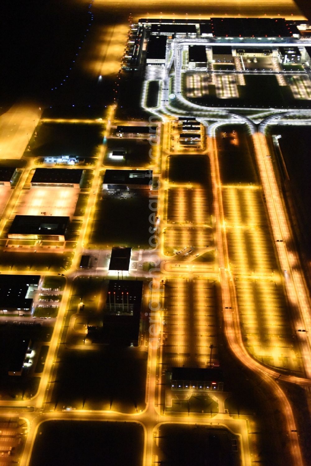 Schönefeld at night from above - Site of the new airport BER / BBI AIRPORT BERLIN BRANDENBURG Willi Brandt in Schoenefeld in Brandenburg. The new terminal is in the south of the airport Berlin -Schoenefeld quality built