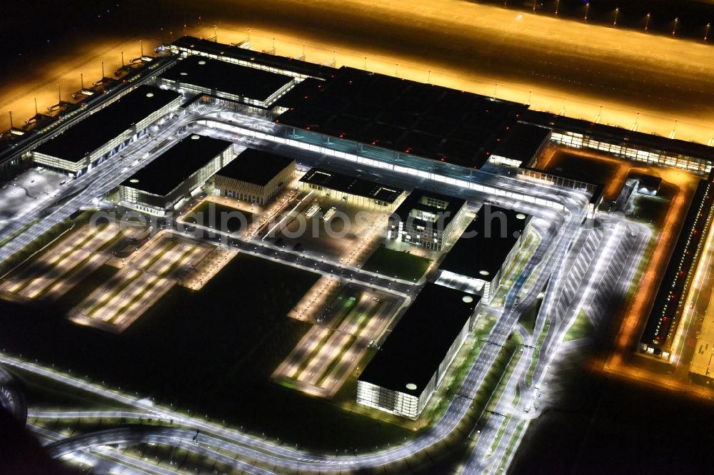 Aerial image at night Schönefeld - Site of the new airport BER / BBI AIRPORT BERLIN BRANDENBURG Willi Brandt in Schoenefeld in Brandenburg. The new terminal is in the south of the airport Berlin -Schoenefeld quality built