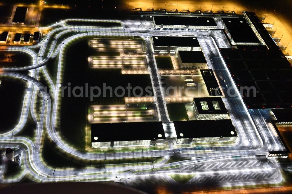 Schönefeld at night from above - Site of the new airport BER / BBI AIRPORT BERLIN BRANDENBURG Willi Brandt in Schoenefeld in Brandenburg. The new terminal is in the south of the airport Berlin -Schoenefeld quality built