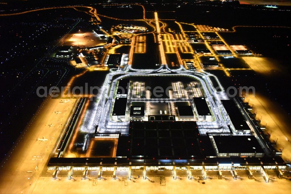 Schönefeld at night from above - Site of the new airport BER / BBI AIRPORT BERLIN BRANDENBURG Willi Brandt in Schoenefeld in Brandenburg. The new terminal is in the south of the airport Berlin -Schoenefeld quality built