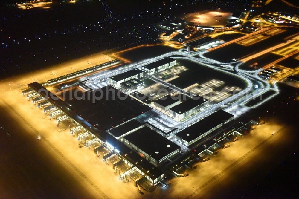 Aerial image at night Schönefeld - Site of the new airport BER / BBI AIRPORT BERLIN BRANDENBURG Willi Brandt in Schoenefeld in Brandenburg. The new terminal is in the south of the airport Berlin -Schoenefeld quality built