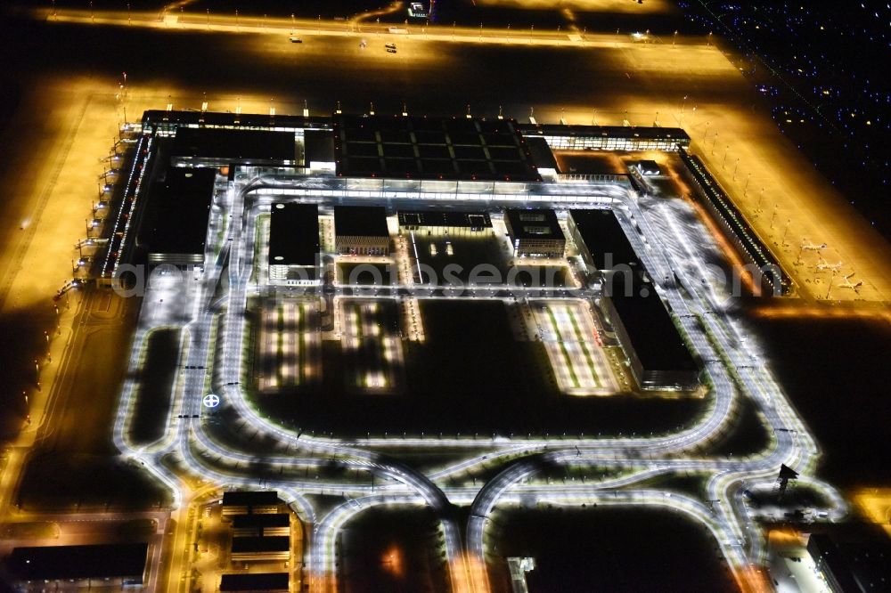 Schönefeld at night from above - Site of the new airport BER / BBI AIRPORT BERLIN BRANDENBURG Willi Brandt in Schoenefeld in Brandenburg. The new terminal is in the south of the airport Berlin -Schoenefeld quality built