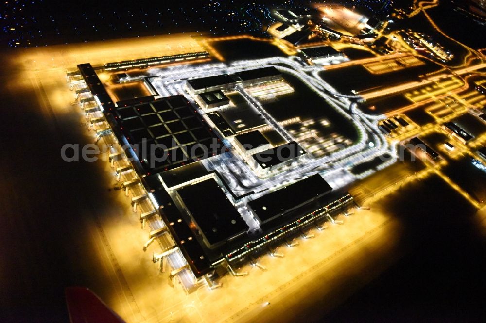 Aerial photograph at night Schönefeld - Site of the new airport BER / BBI AIRPORT BERLIN BRANDENBURG Willi Brandt in Schoenefeld in Brandenburg. The new terminal is in the south of the airport Berlin -Schoenefeld quality built