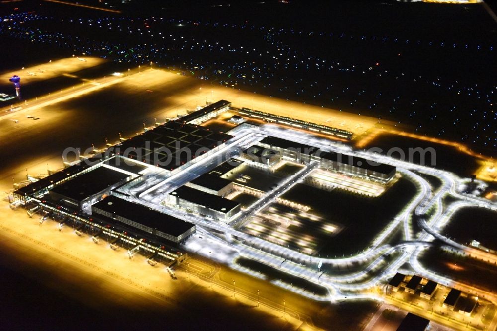 Aerial image at night Schönefeld - Site of the new airport BER / BBI AIRPORT BERLIN BRANDENBURG Willi Brandt in Schoenefeld in Brandenburg. The new terminal is in the south of the airport Berlin -Schoenefeld quality built