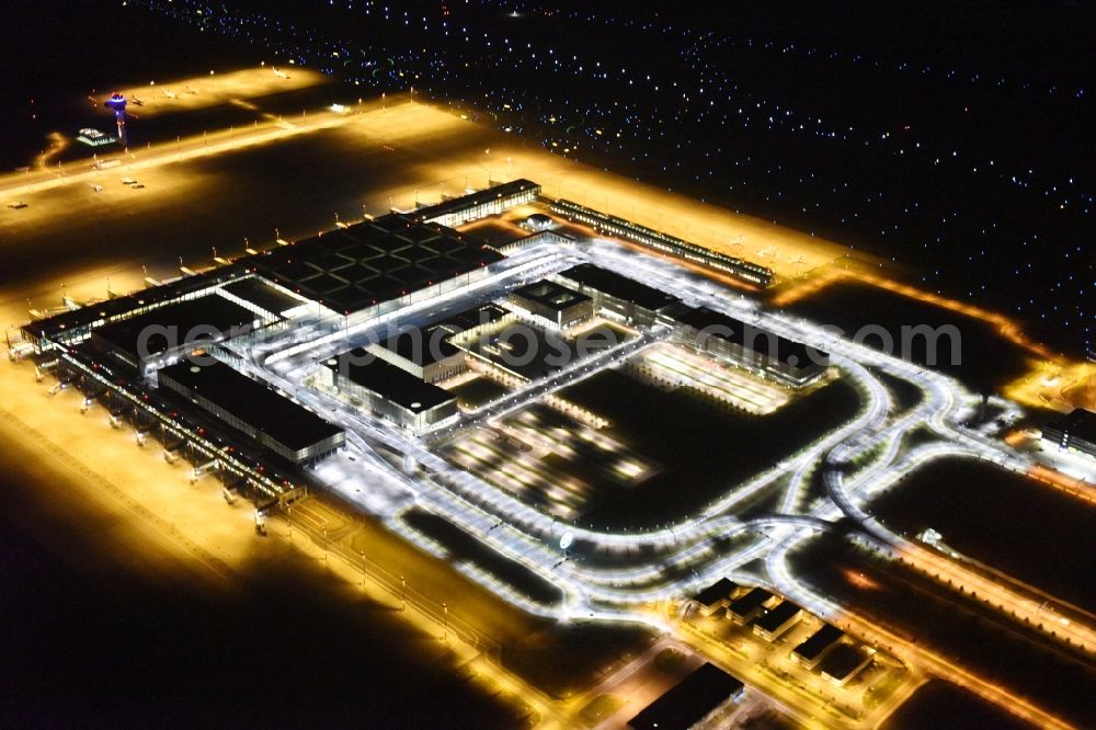 Schönefeld at night from above - Site of the new airport BER / BBI AIRPORT BERLIN BRANDENBURG Willi Brandt in Schoenefeld in Brandenburg. The new terminal is in the south of the airport Berlin -Schoenefeld quality built