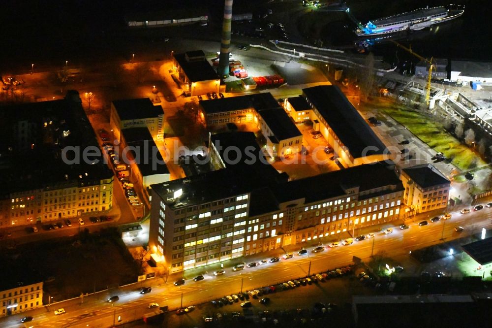 Aerial image at night Dresden - Night lighting Building and production halls on the premises of of Menarini - Von Heyden GmbH on Leipziger Strasse in the district Neustadt in Dresden in the state Saxony, Germany