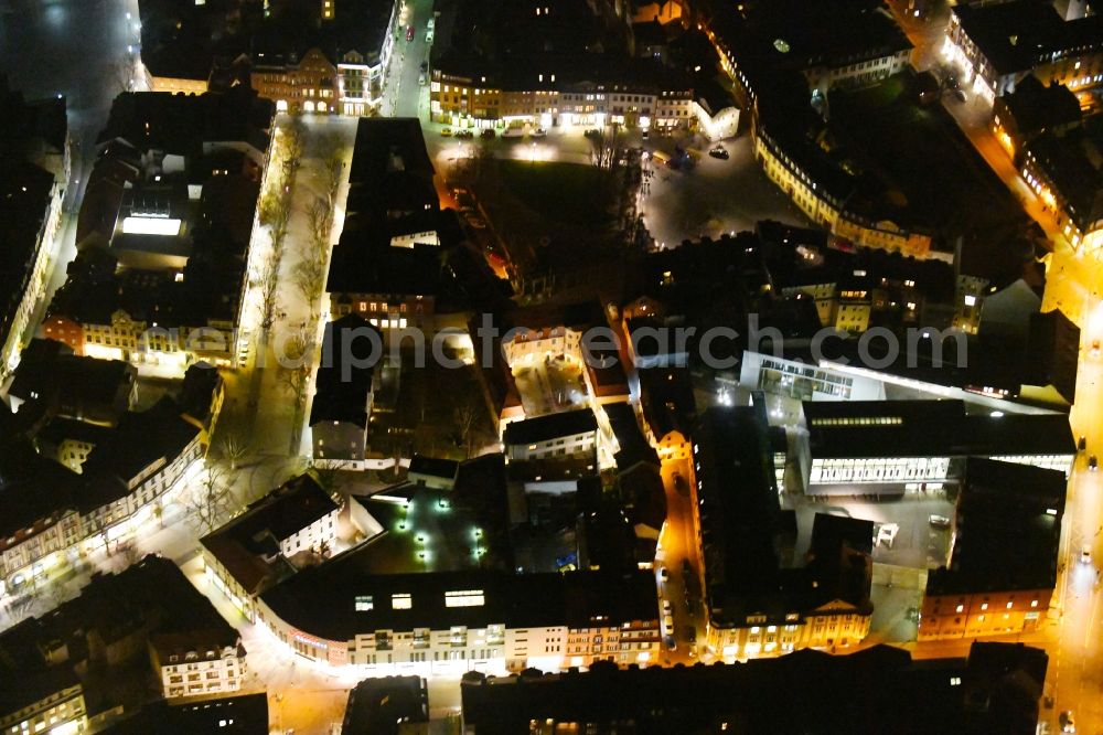 Aerial photograph at night Weimar - Night lighting Residential and commercial building district along Schuetzengasse - Brauhausgasse in Weimar in the state Thuringia, Germany