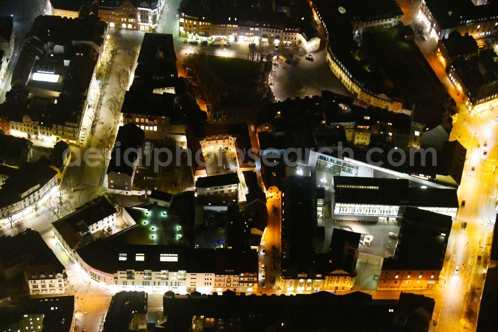 Aerial image at night Weimar - Night lighting Residential and commercial building district along Schuetzengasse - Brauhausgasse in Weimar in the state Thuringia, Germany