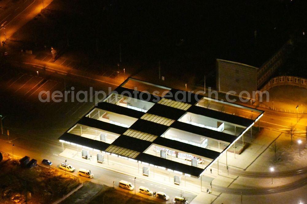 Gotha at night from the bird perspective: Night aerial view of the ZOB omnibus station and the tram stop of the public transport company in Gotha in the state of Thuringia, Germany