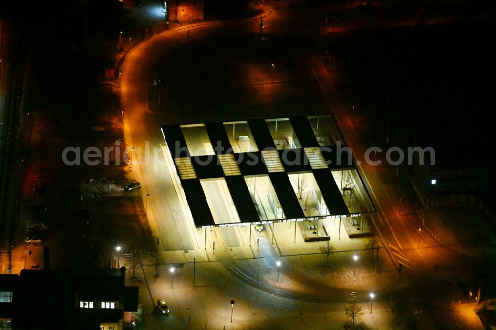 Gotha at night from the bird perspective: Night aerial view of the ZOB omnibus station and the tram stop of the public transport company in Gotha in the state of Thuringia, Germany