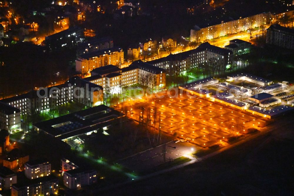 Dresden at night from above - Night lighting Office building of Landesdirektion Sachsen, Dienststelle Dresden on Stauffenbergallee in the district Albertpark in Dresden in the state Saxony, Germany