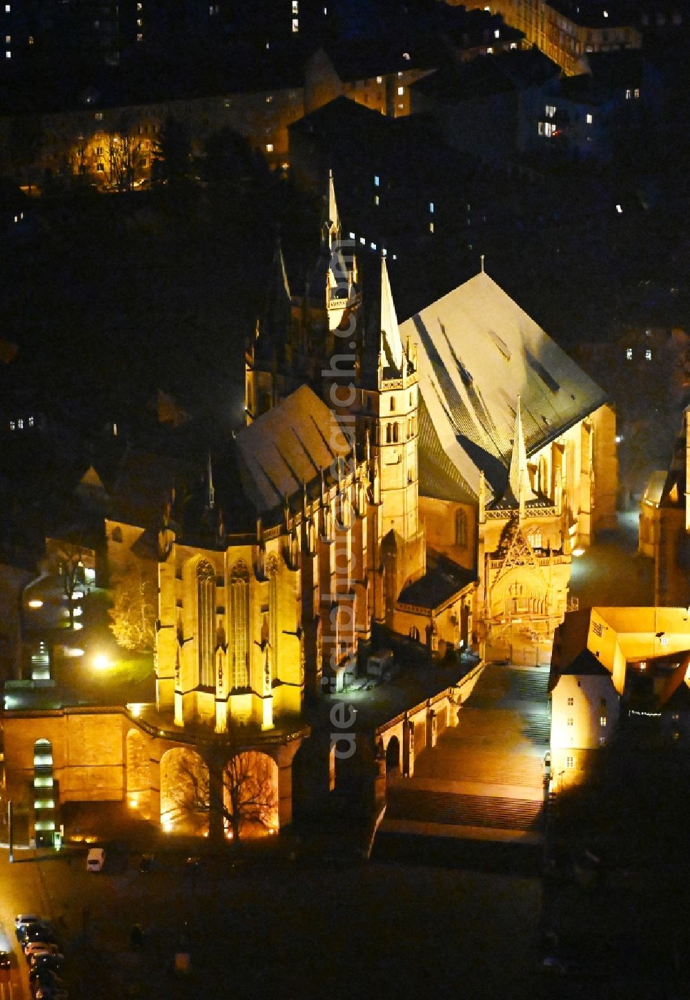 Erfurt at night from above - Night lighting church building of the cathedral of the high cathedral church St. Marien and the church St. Severi at the cathedral steps at the cathedral square in the old town in the city center of Erfurt in the state Thuringia, Germany