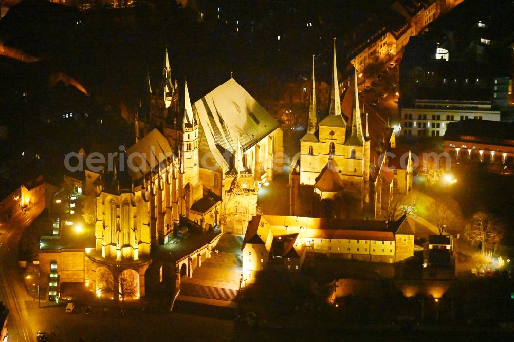 Erfurt at night from above - Night lighting church building of the cathedral of the high cathedral church St. Marien and the church St. Severi at the cathedral steps at the cathedral square in the old town in the city center of Erfurt in the state Thuringia, Germany