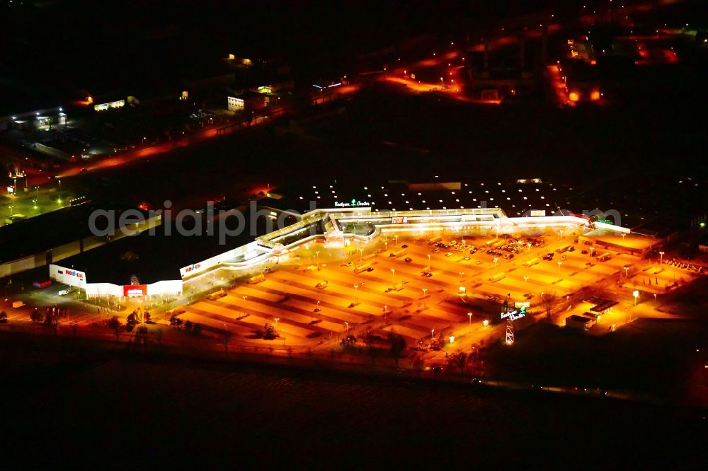 Brandenburg an der Havel at night from above - Night lighting building of the shopping center Beetzsee Center Brandenburg on Brielower Landstrasse in Brandenburg an der Havel in the state Brandenburg, Germany