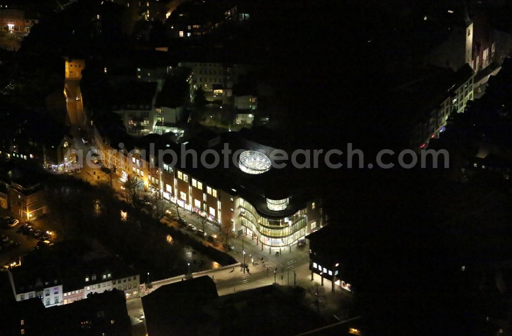 Aerial photograph at night Erfurt - Night lighting Building of the shopping center Breuninger in Erfurt in the state Thuringia, Germany