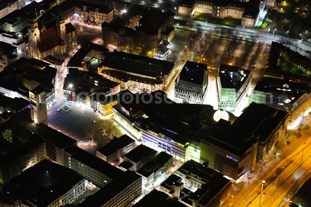 Stuttgart at night from the bird perspective: Night lighting building of the shopping center of Breuninger Stuttgart and the Dorotheen-Quartier also called DOQU on Marktstrasse in Stuttgart in the state Baden-Wurttemberg, Germany