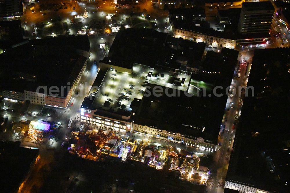 Fürth at night from above - Night lighting Building of the shopping center CARRE Fuerther Freiheit in Fuerth in the state Bavaria, Germany