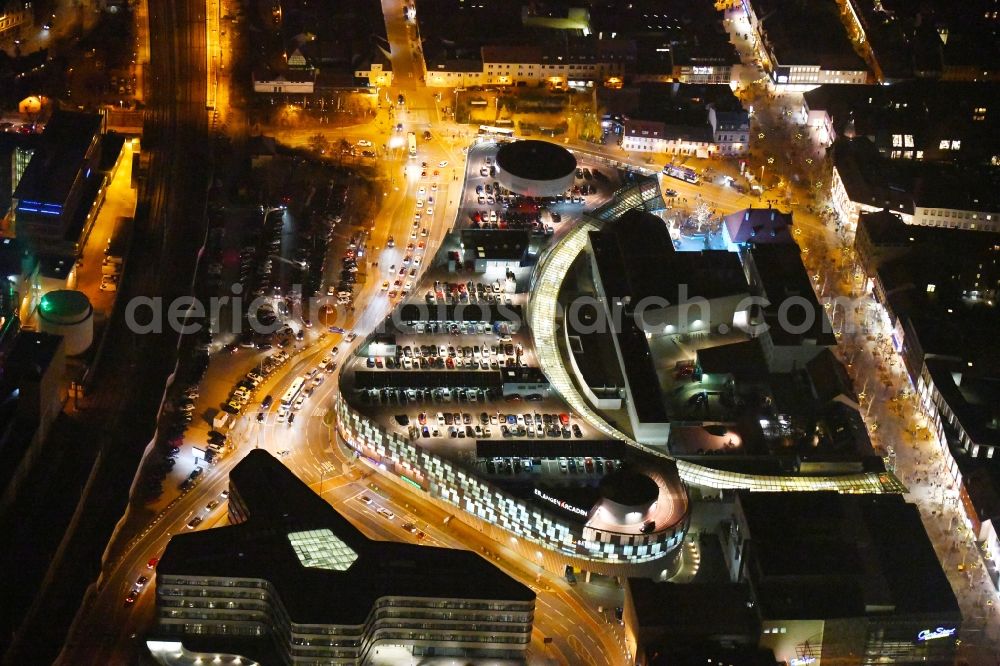 Aerial image at night Erlangen - Night lighting Building of the shopping center ERLANGEN ARCADEN in Erlangen in the state Bavaria, Germany