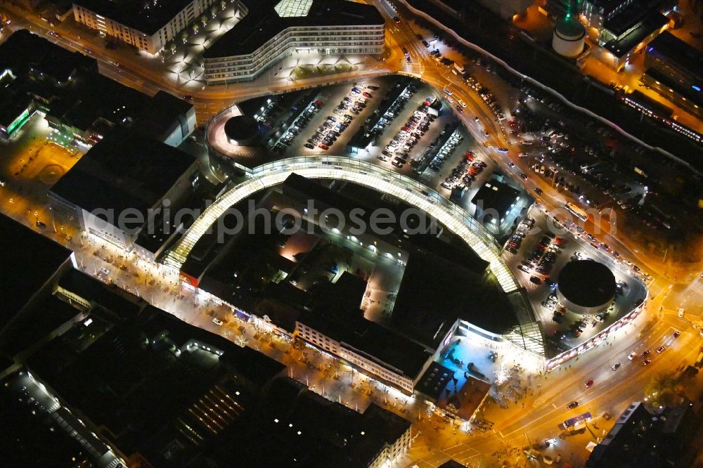 Aerial image at night Erlangen - Night lighting Building of the shopping center ERLANGEN ARCADEN in Erlangen in the state Bavaria, Germany