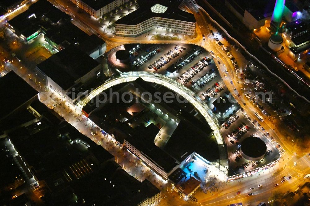 Erlangen at night from above - Night lighting Building of the shopping center ERLANGEN ARCADEN in Erlangen in the state Bavaria, Germany