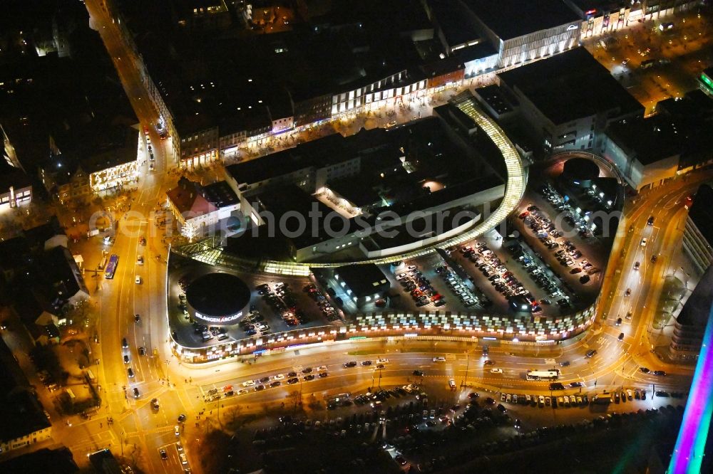 Erlangen at night from above - Night lighting Building of the shopping center ERLANGEN ARCADEN in Erlangen in the state Bavaria, Germany