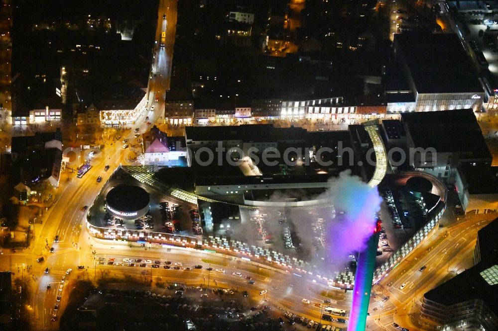 Aerial photograph at night Erlangen - Night lighting Building of the shopping center ERLANGEN ARCADEN in Erlangen in the state Bavaria, Germany