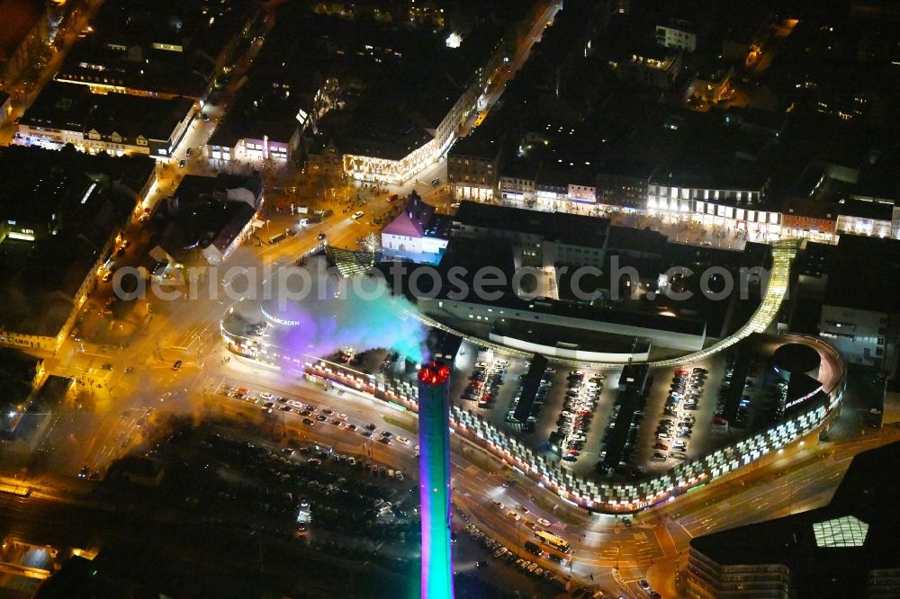 Aerial image at night Erlangen - Night lighting Building of the shopping center ERLANGEN ARCADEN in Erlangen in the state Bavaria, Germany