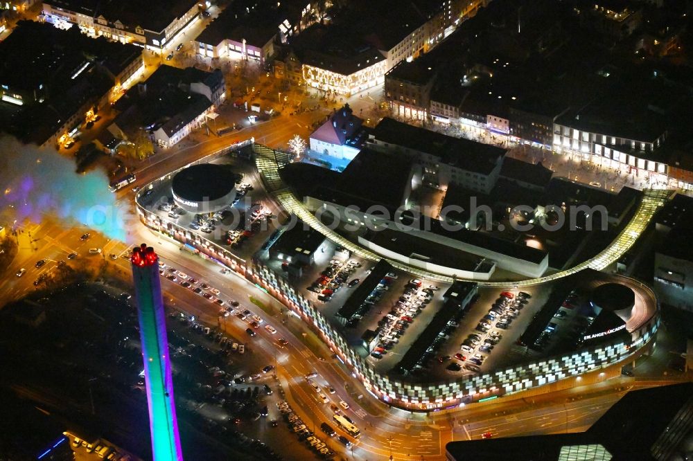 Erlangen at night from above - Night lighting Building of the shopping center ERLANGEN ARCADEN in Erlangen in the state Bavaria, Germany