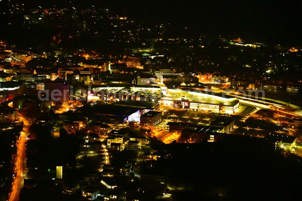 Aerial image at night Gummersbach - Night lighting building of the shopping center Forum Gummersbach in Gummersbach in the state North Rhine-Westphalia, Germany