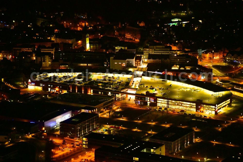 Gummersbach at night from above - Night lighting building of the shopping center Forum Gummersbach in Gummersbach in the state North Rhine-Westphalia, Germany