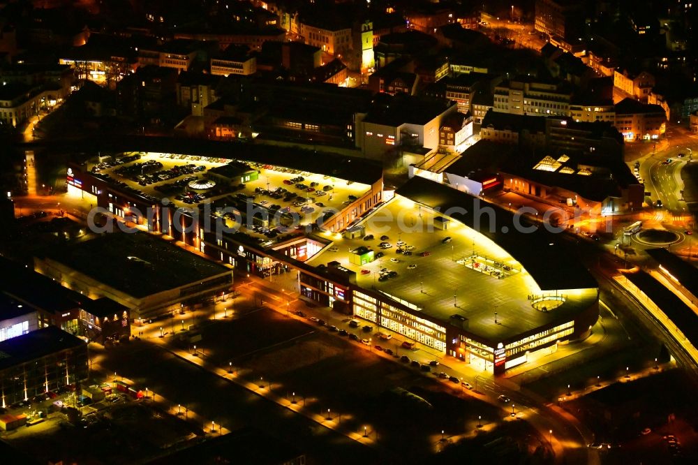 Aerial photograph at night Gummersbach - Night lighting building of the shopping center Forum Gummersbach in Gummersbach in the state North Rhine-Westphalia, Germany