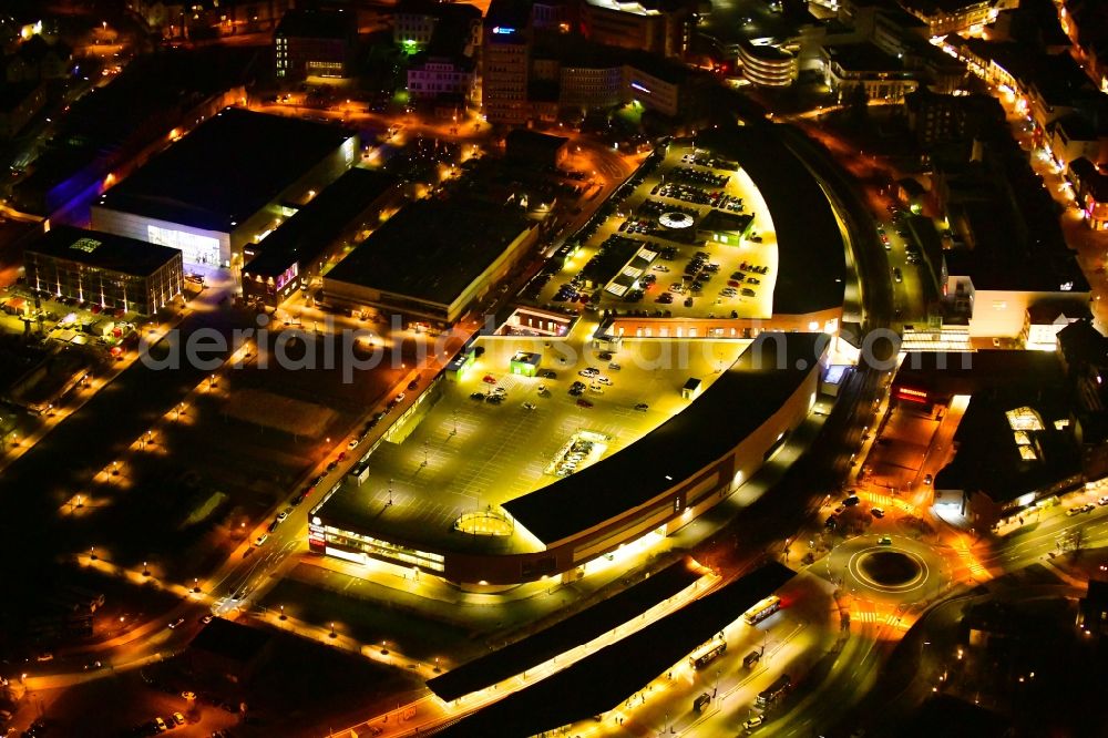 Gummersbach at night from above - Night lighting building of the shopping center Forum Gummersbach in Gummersbach in the state North Rhine-Westphalia, Germany