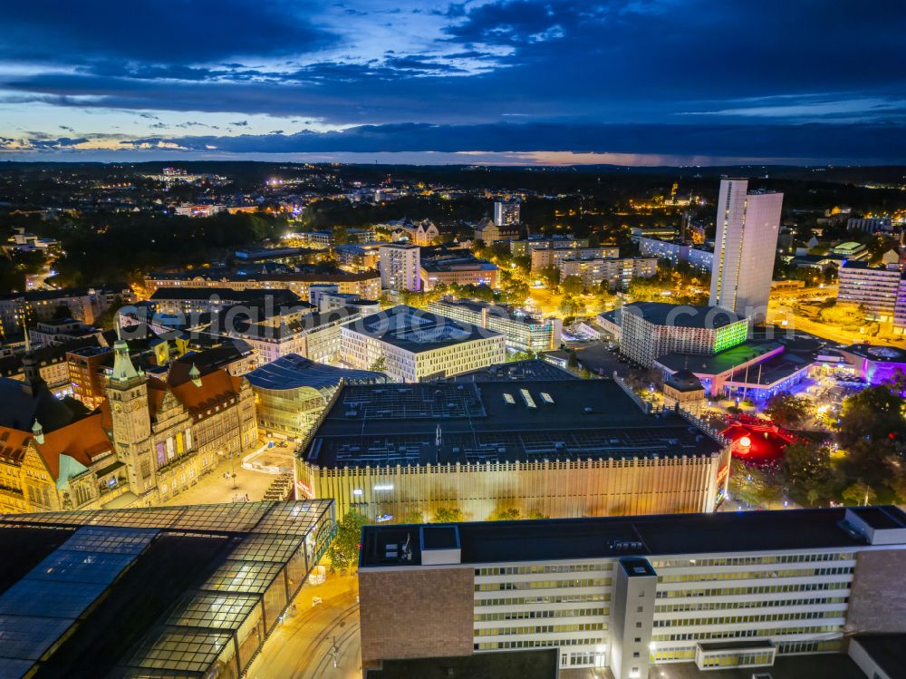 Aerial image at night Chemnitz - Night lighting building of the shopping center Galerie Roter Turm in Chemnitz in the state Saxony, Germany