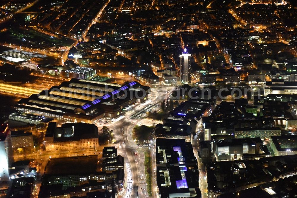 Leipzig at night from above - Night lighting Building of the shopping center Hoefe on Bruehl in the district Mitte in Leipzig in the state Saxony, Germany