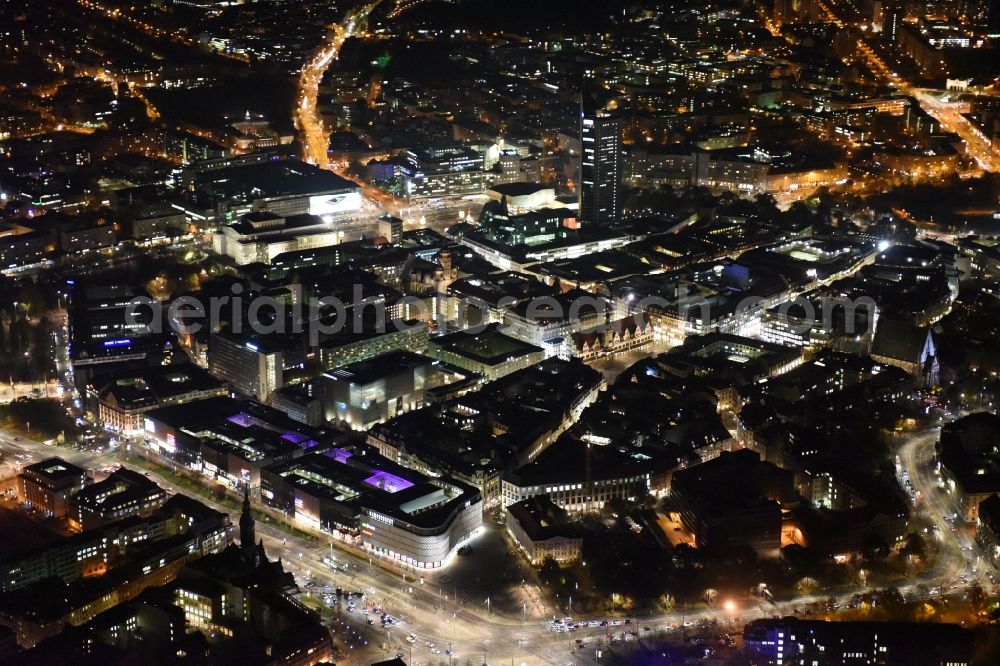 Aerial image at night Leipzig - Night lighting Building of the shopping center Hoefe on Bruehl in the district Mitte in Leipzig in the state Saxony, Germany