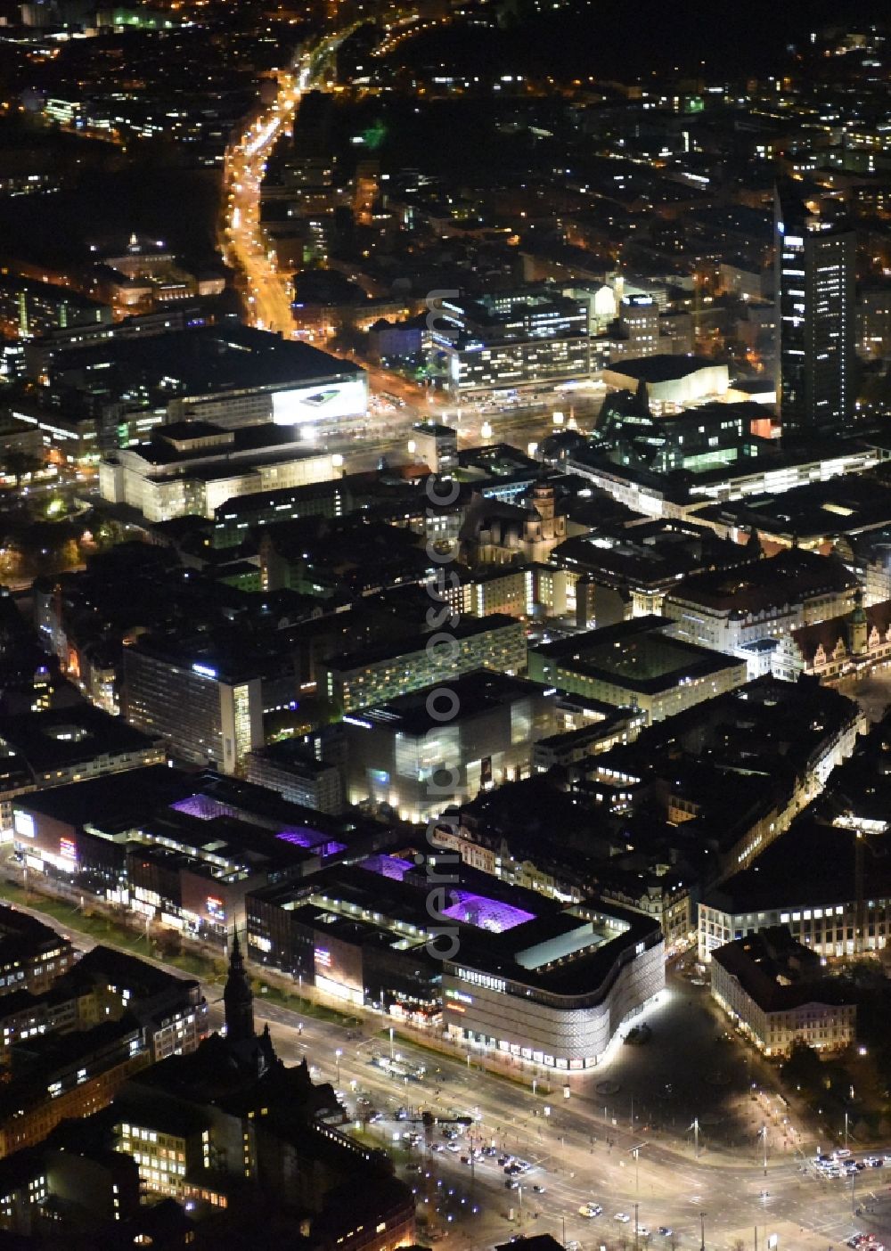 Leipzig at night from above - Night lighting Building of the shopping center Hoefe on Bruehl in the district Mitte in Leipzig in the state Saxony, Germany