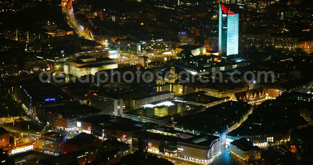 Leipzig at night from above - Night lighting Building of the shopping center Hoefe on Bruehl in the district Mitte in Leipzig in the state Saxony, Germany