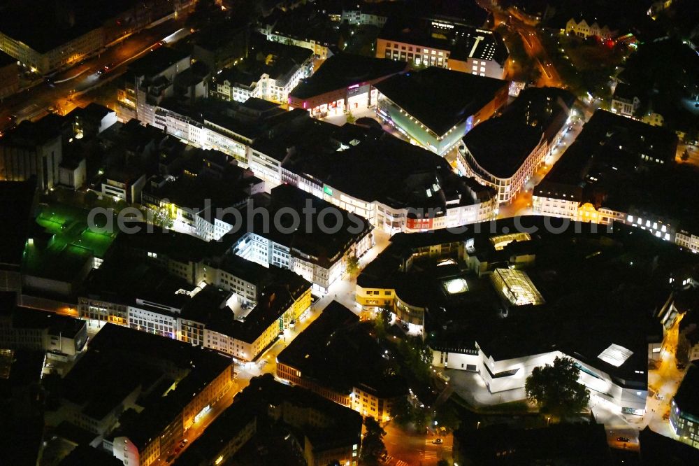 Osnabrück at night from above - Night lighting Building of the shopping center L&T Markthalle along the Grossen Strasse in the district Innenstadt in Osnabrueck in the state Lower Saxony, Germany