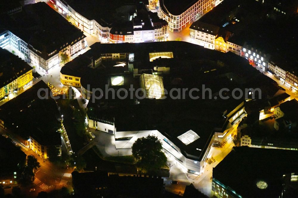 Osnabrück at night from above - Night lighting Building of the shopping center L&T Markthalle along the Grossen Strasse in the district Innenstadt in Osnabrueck in the state Lower Saxony, Germany