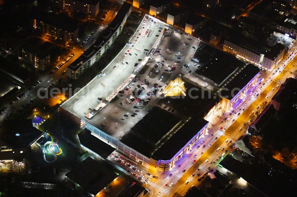 Aerial image at night Nürnberg - Night lighting Building of the shopping center Mercado on Aeussere Bayreuther Strasse in the district Schoppershof in Nuremberg in the state Bavaria, Germany