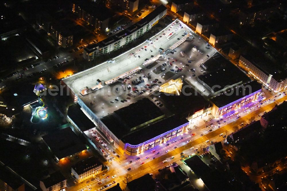 Nürnberg at night from above - Night lighting Building of the shopping center Mercado on Aeussere Bayreuther Strasse in the district Schoppershof in Nuremberg in the state Bavaria, Germany