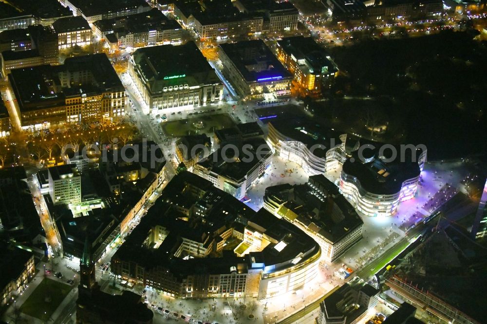 Düsseldorf at night from above - Night lighting building of the shopping center Peek & Cloppenburg on Schadowstrasse in the district Stadtmitte in Duesseldorf in the state North Rhine-Westphalia, Germany