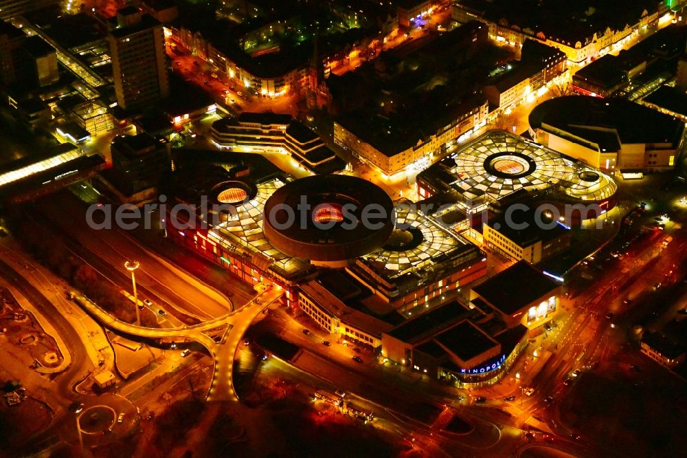 Leverkusen at night from above - Night lighting building of the shopping center Rathaus-Galerie Leverkusen in the district Wiesdorf in Leverkusen in the state North Rhine-Westphalia, Germany