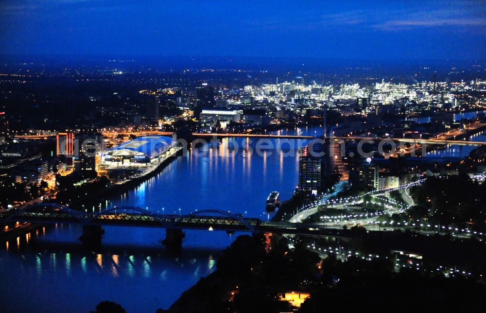 Aerial image at night Ludwigshafen am Rhein - Night lighting building of the shopping center Rhein-Galerie in Ludwigshafen am Rhein in the state Rhineland-Palatinate, Germany