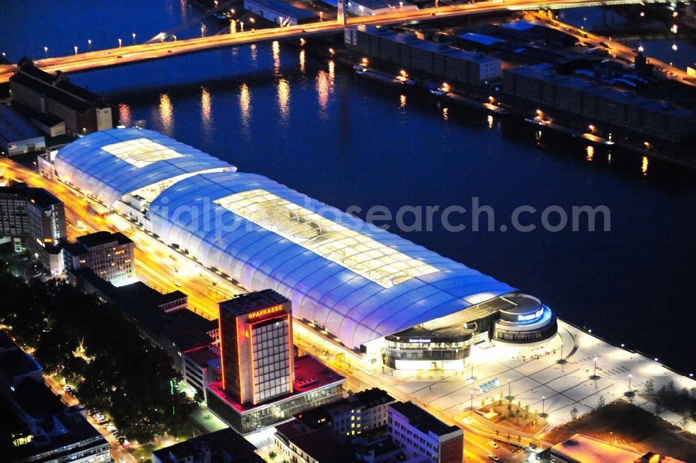 Ludwigshafen am Rhein at night from above - Night lighting building of the shopping center Rhein-Galerie in Ludwigshafen am Rhein in the state Rhineland-Palatinate, Germany