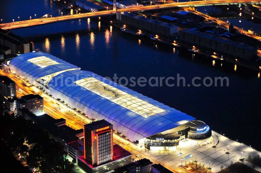 Ludwigshafen am Rhein at night from the bird perspective: Night lighting building of the shopping center Rhein-Galerie in Ludwigshafen am Rhein in the state Rhineland-Palatinate, Germany